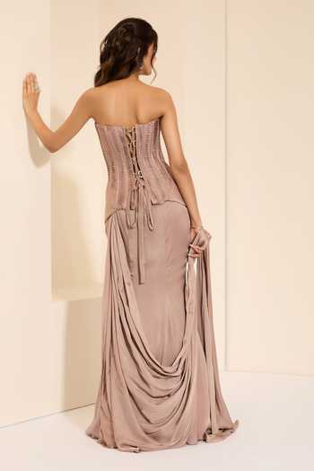 Shop_K&A By Karishma and Ashita_Mauve Cotton Satin Sweetheart Neck Dessert Rose Corset And Draped Saree Set _at_Aza_Fashions
