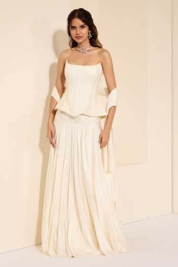Buy_K&A By Karishma and Ashita_Ivory Cotton Satin Pearls Bandeau Neck Pre-draped Saree With Corset _at_Aza_Fashions