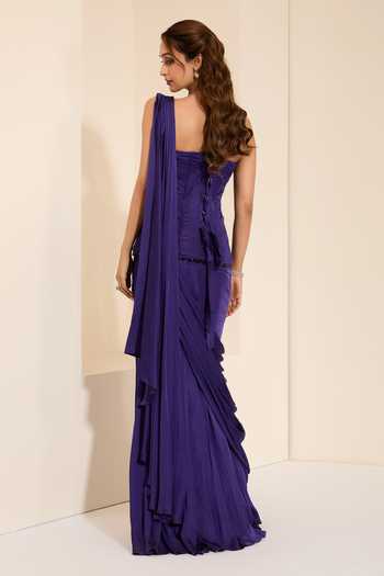 Shop_K&A By Karishma and Ashita_Purple Cotton Satin Crystals Bandeau Pre-draped Saree With Midnight Plum Corset _at_Aza_Fashions