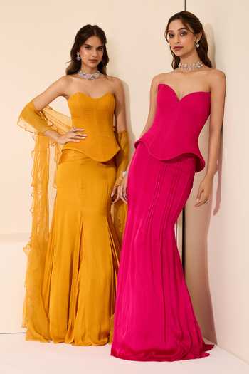 Shop_K&A By Karishma And Ashita_Pink Cotton Satin Sweetheart Neck Fuchsia Flames Corset And Draped Skirt Set _Online_at_Aza_Fashions