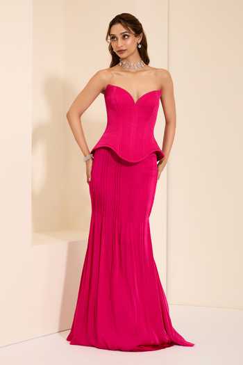 K&A By Karishma And Ashita_Pink Cotton Satin Sweetheart Neck Fuchsia Flames Corset And Draped Skirt Set _at_Aza_Fashions