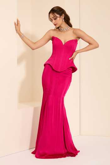 Buy_K&A By Karishma And Ashita_Pink Cotton Satin Sweetheart Neck Fuchsia Flames Corset And Draped Skirt Set _at_Aza_Fashions