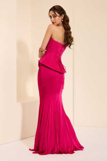 Shop_K&A By Karishma And Ashita_Pink Cotton Satin Sweetheart Neck Fuchsia Flames Corset And Draped Skirt Set _at_Aza_Fashions