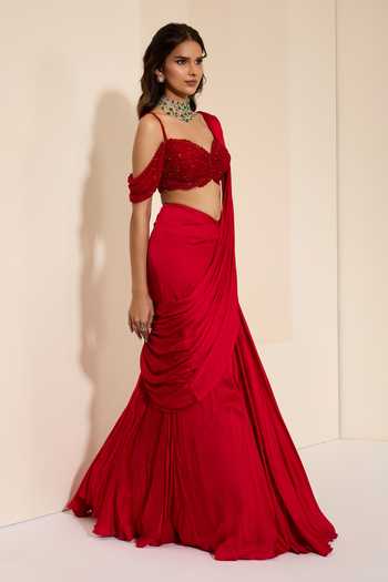 K&A By Karishma And Ashita_Red Cotton Satin Sweetheart Neck Pre-draped Saree With Scarlett Petal Bustier _Online_at_Aza_Fashions