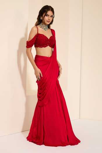 Buy_K&A By Karishma And Ashita_Red Cotton Satin Sweetheart Neck Pre-draped Saree With Scarlett Petal Bustier _Online_at_Aza_Fashions