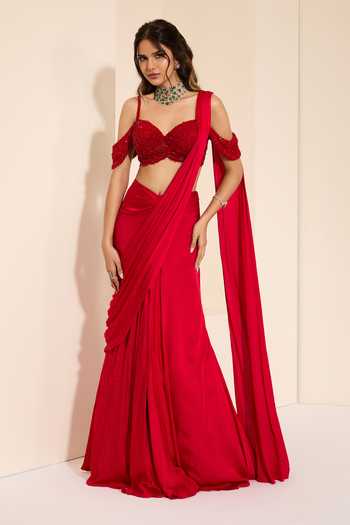 Buy_K&A By Karishma And Ashita_Red Cotton Satin Sweetheart Neck Pre-draped Saree With Scarlett Petal Bustier _at_Aza_Fashions