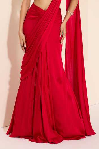 Shop_K&A By Karishma And Ashita_Red Cotton Satin Sweetheart Neck Pre-draped Saree With Scarlett Petal Bustier _Online_at_Aza_Fashions