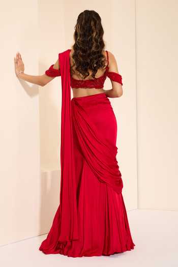 Shop_K&A By Karishma And Ashita_Red Cotton Satin Sweetheart Neck Pre-draped Saree With Scarlett Petal Bustier _at_Aza_Fashions