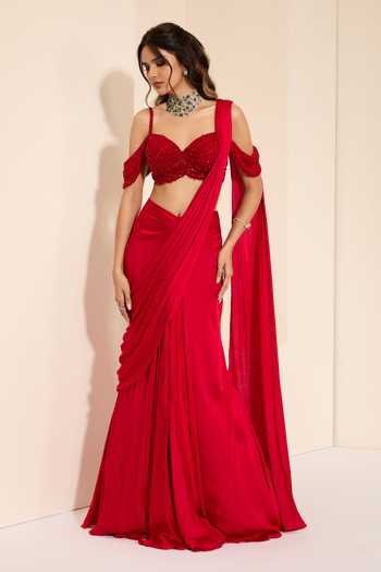 K&A By Karishma And Ashita_Red Cotton Satin Sweetheart Neck Pre-draped Saree With Scarlett Petal Bustier _at_Aza_Fashions