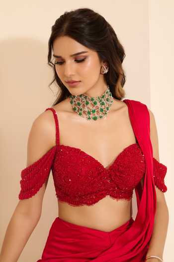 Shop_K&A By Karishma And Ashita_Red Cotton Satin Sweetheart Neck Pre-draped Saree With Scarlett Petal Bustier 