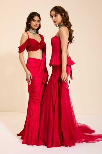 K&A By Karishma And Ashita_Red Cotton Satin Bandeau Neck Berry Luxe Corset And Draped Skirt Set _Online_at_Aza_Fashions