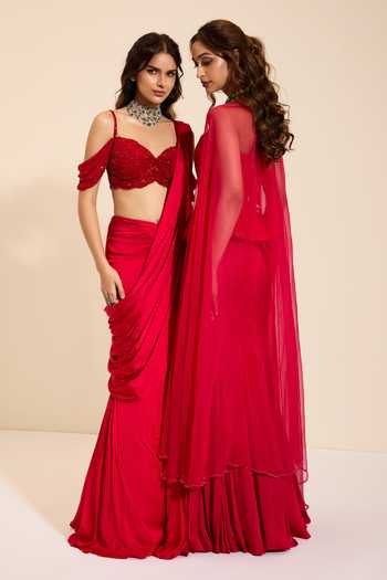 Buy_K&A By Karishma And Ashita_Red Cotton Satin Bandeau Neck Berry Luxe Corset And Draped Skirt Set _Online_at_Aza_Fashions