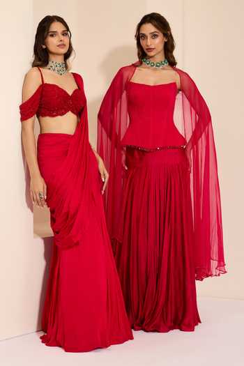 Shop_K&A By Karishma And Ashita_Red Cotton Satin Bandeau Neck Berry Luxe Corset And Draped Skirt Set _Online_at_Aza_Fashions