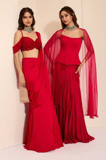 K&A By Karishma And Ashita_Red Cotton Satin Bandeau Neck Berry Luxe Corset And Draped Skirt Set _at_Aza_Fashions