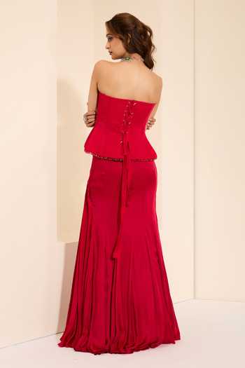 Shop_K&A By Karishma And Ashita_Red Cotton Satin Bandeau Neck Berry Luxe Corset And Draped Skirt Set _at_Aza_Fashions