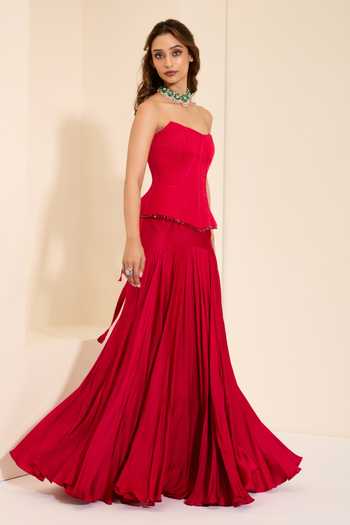 Buy_K&A By Karishma And Ashita_Red Cotton Satin Bandeau Neck Berry Luxe Corset And Draped Skirt Set 
