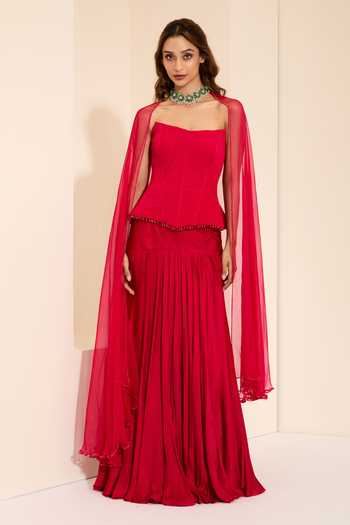 Buy_K&A By Karishma And Ashita_Red Cotton Satin Bandeau Neck Berry Luxe Corset And Draped Skirt Set _at_Aza_Fashions