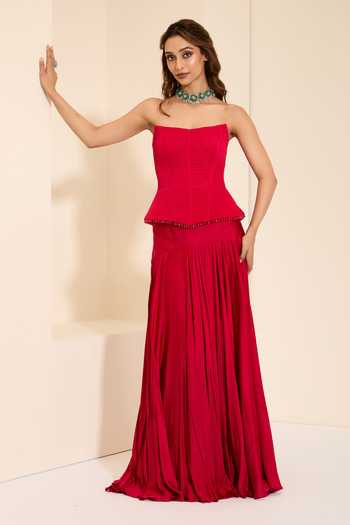 Shop_K&A By Karishma And Ashita_Red Cotton Satin Bandeau Neck Berry Luxe Corset And Draped Skirt Set 