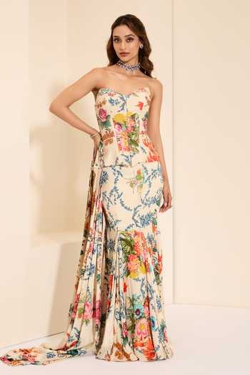 Buy_K&A By Karishma And Ashita_Multi Color Cotton Satin Sweetheart Neck Snow Veil Draped Skirt Set With Stole _at_Aza_Fashions