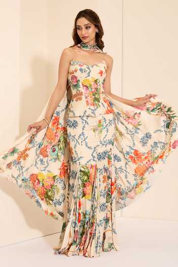 K&A By Karishma And Ashita_Multi Color Cotton Satin Sweetheart Neck Snow Veil Draped Skirt Set With Stole _Online_at_Aza_Fashions