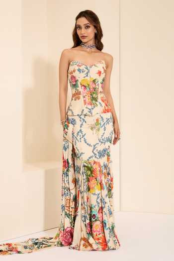 Buy_K&A By Karishma And Ashita_Multi Color Cotton Satin Sweetheart Neck Snow Veil Draped Skirt Set With Stole _Online_at_Aza_Fashions
