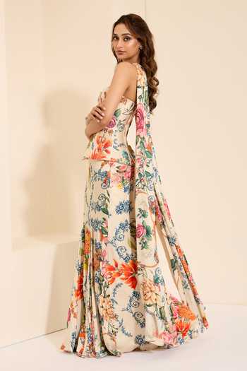 Shop_K&A By Karishma And Ashita_Multi Color Cotton Satin Sweetheart Neck Snow Veil Draped Skirt Set With Stole _Online_at_Aza_Fashions