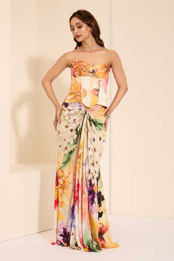 K&A By Karishma And Ashita_Multi Color Cotton Satin Sweetheart Serene Whispers Corset And Draped Skirt Set _Online_at_Aza_Fashions