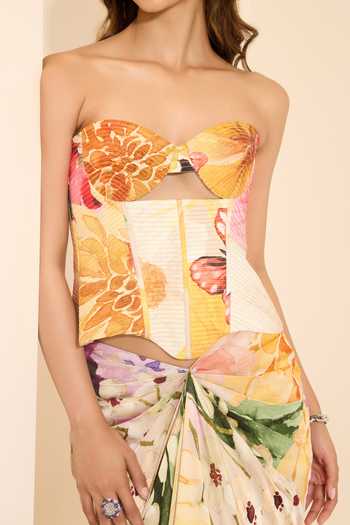 Shop_K&A By Karishma And Ashita_Multi Color Cotton Satin Sweetheart Serene Whispers Corset And Draped Skirt Set _Online_at_Aza_Fashions