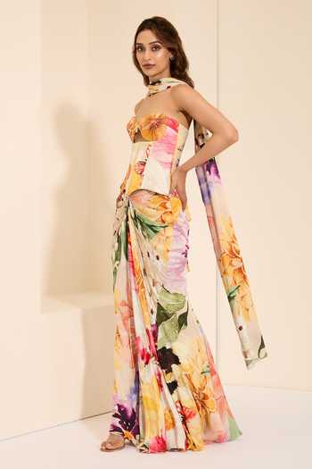 K&A By Karishma And Ashita_Multi Color Cotton Satin Sweetheart Serene Whispers Corset And Draped Skirt Set _at_Aza_Fashions
