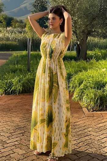 Poppi_Multi Color Silk, Bemberg Boat Neck Abstract Print Maxi Dress _at_Aza_Fashions