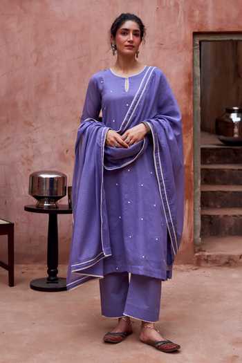Buy_Karaj Jaipur_Purple Kota Doria, Cotton Round Neck, Violet Bead Work Straight Kurta Set _at_Aza_Fashions