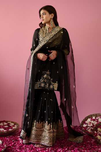 Gopi Vaid_Black Tussar, Organza Sequins, Embroidery, Siddhat Floral Kurta Sharara Set 