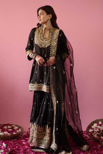 Gopi Vaid_Black Tussar, Organza Sequins, Embroidery, Siddhat Floral Kurta Sharara Set 