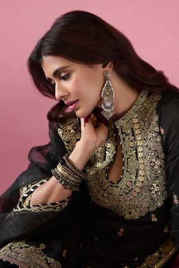 Gopi Vaid_Black Tussar, Organza Sequins, Embroidery, Siddhat Floral Kurta Sharara Set 