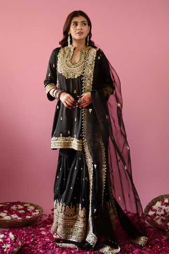 Gopi Vaid_Black Tussar, Organza Sequins, Embroidery, Siddhat Floral Kurta Sharara Set 