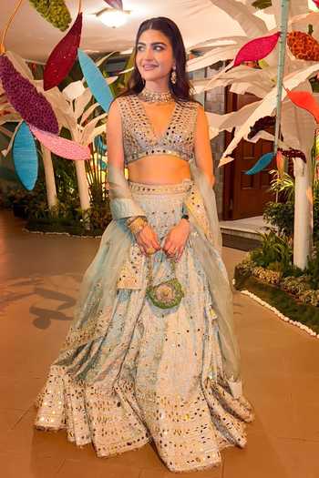 Buy_Gopi Vaid_Blue Tussar, Jersey, Organza Mirrors, Embroidery, Tassels Work Lehenga Set _at_Aza_Fashions