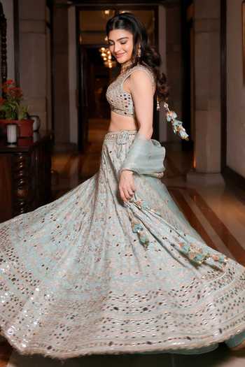 Shop_Gopi Vaid_Blue Tussar, Jersey, Organza Mirrors, Embroidery, Tassels Work Lehenga Set _Online