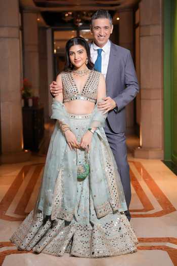 Gopi Vaid_Blue Tussar, Jersey, Organza Mirrors, Embroidery, Tassels Work Lehenga Set 