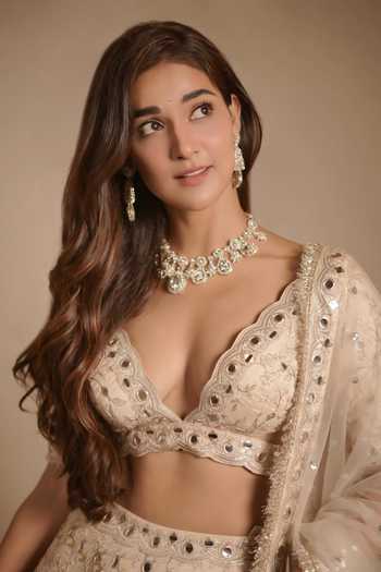 Gopi Vaid_Beige Tussar, Net Mirrors, Embroidery Plunge Neck Work Lehenga Set 