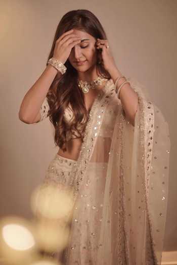 Gopi Vaid_Beige Tussar, Net Mirrors, Embroidery Plunge Neck Work Lehenga Set 