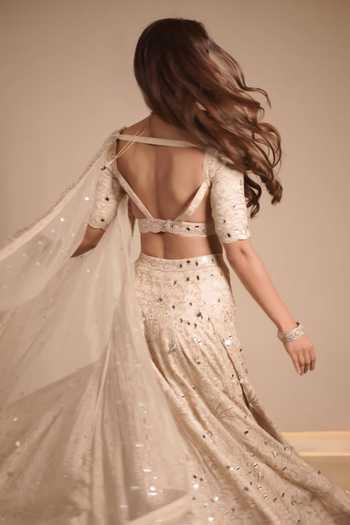 Gopi Vaid_Beige Tussar, Net Mirrors, Embroidery Plunge Neck Work Lehenga Set 