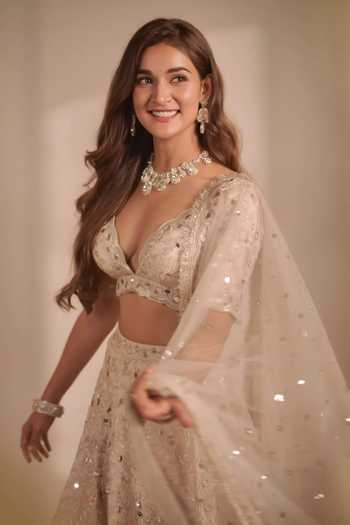 Gopi Vaid_Beige Tussar, Net Mirrors, Embroidery Plunge Neck Work Lehenga Set 