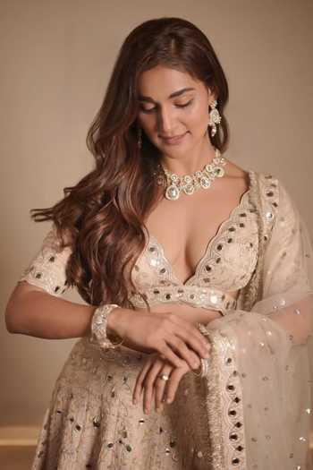 Gopi Vaid_Beige Tussar, Net Mirrors, Embroidery Plunge Neck Work Lehenga Set 