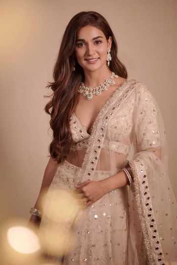 Gopi Vaid_Beige Tussar, Net Mirrors, Embroidery Plunge Neck Work Lehenga Set 