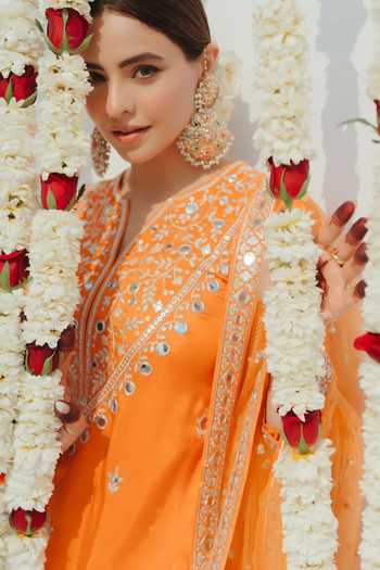 Gopi Vaid_Orange Tussar, Net Embroidery, Mirrors Round Neck Embellished Kurta Sharara Set 