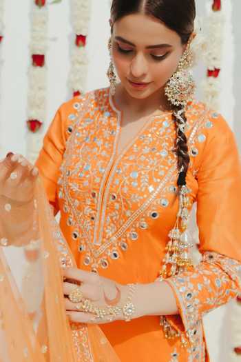 Gopi Vaid_Orange Tussar, Net Embroidery, Mirrors Round Neck Embellished Kurta Sharara Set 