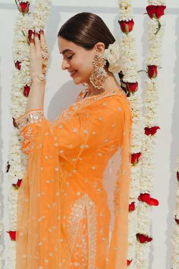 Gopi Vaid_Orange Tussar, Net Embroidery, Mirrors Round Neck Embellished Kurta Sharara Set 