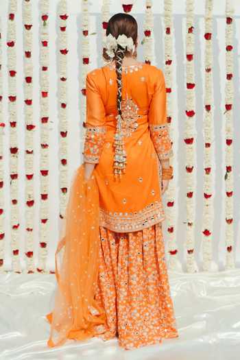 Gopi Vaid_Orange Tussar, Net Embroidery, Mirrors Round Neck Embellished Kurta Sharara Set 