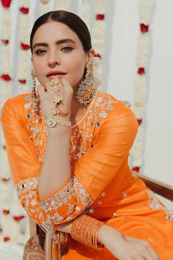 Gopi Vaid_Orange Tussar, Net Embroidery, Mirrors Round Neck Embellished Kurta Sharara Set 