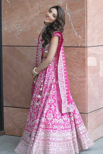Shop_Gopi Vaid_Pink Tussar, Jersey, Organza Mirrors, Embroidery V-neck Rani Lehenga Set 